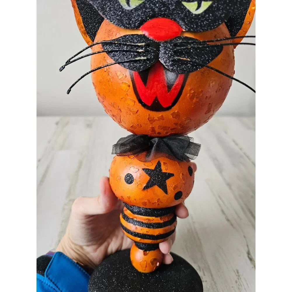 Pier 1 cat pumpkin metal glitter Halloween prop unique‎ vintage black